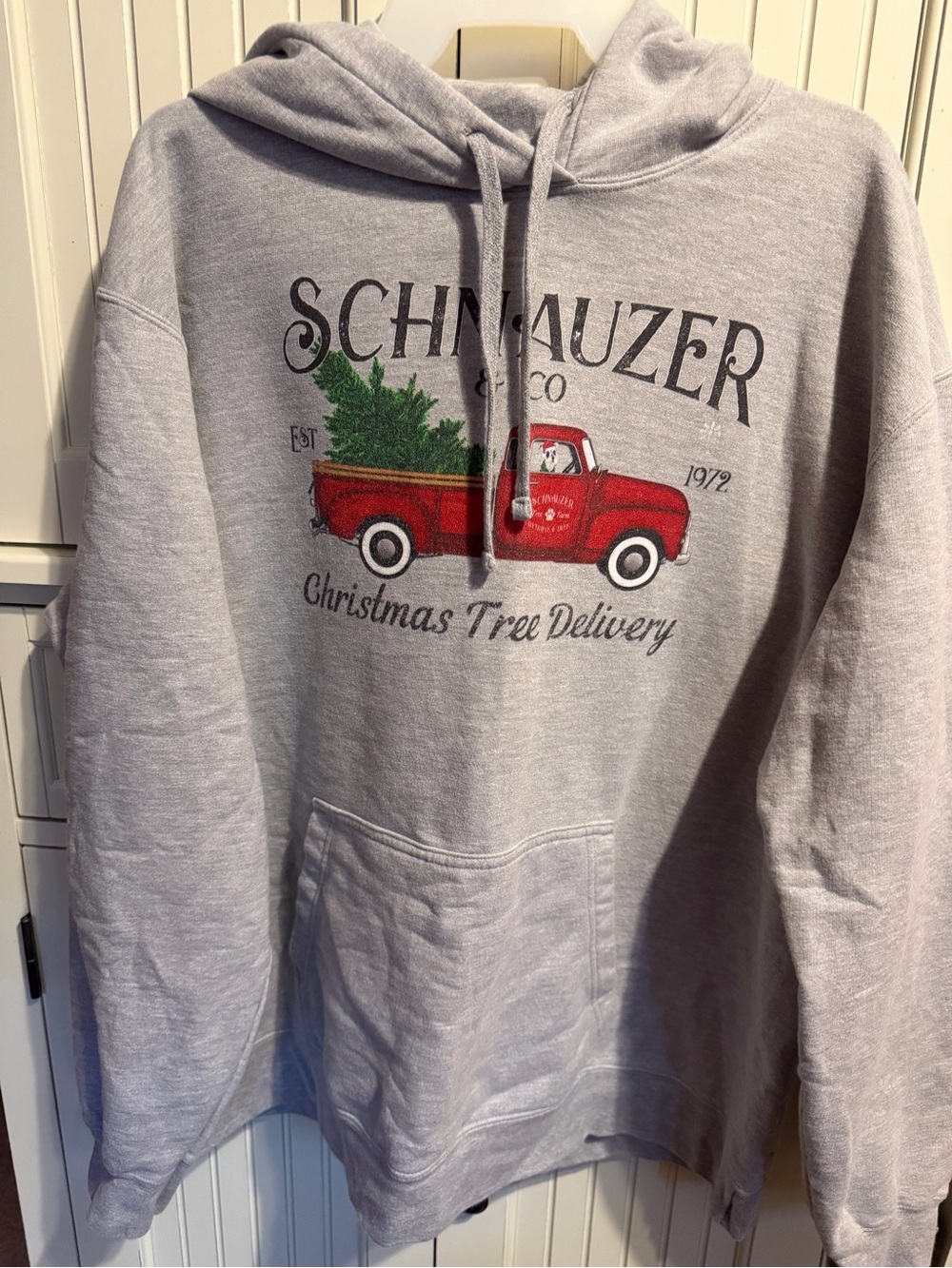 Gray Hooded Sweatshirt - Christmas Tree Delivery Graphic
